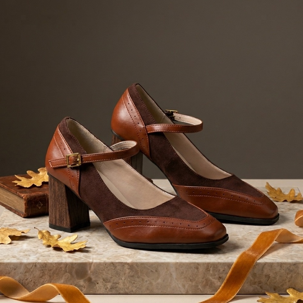 Vintage Style Brown Suede & Leather Mary Jane Heels Square Toe Dark Academia